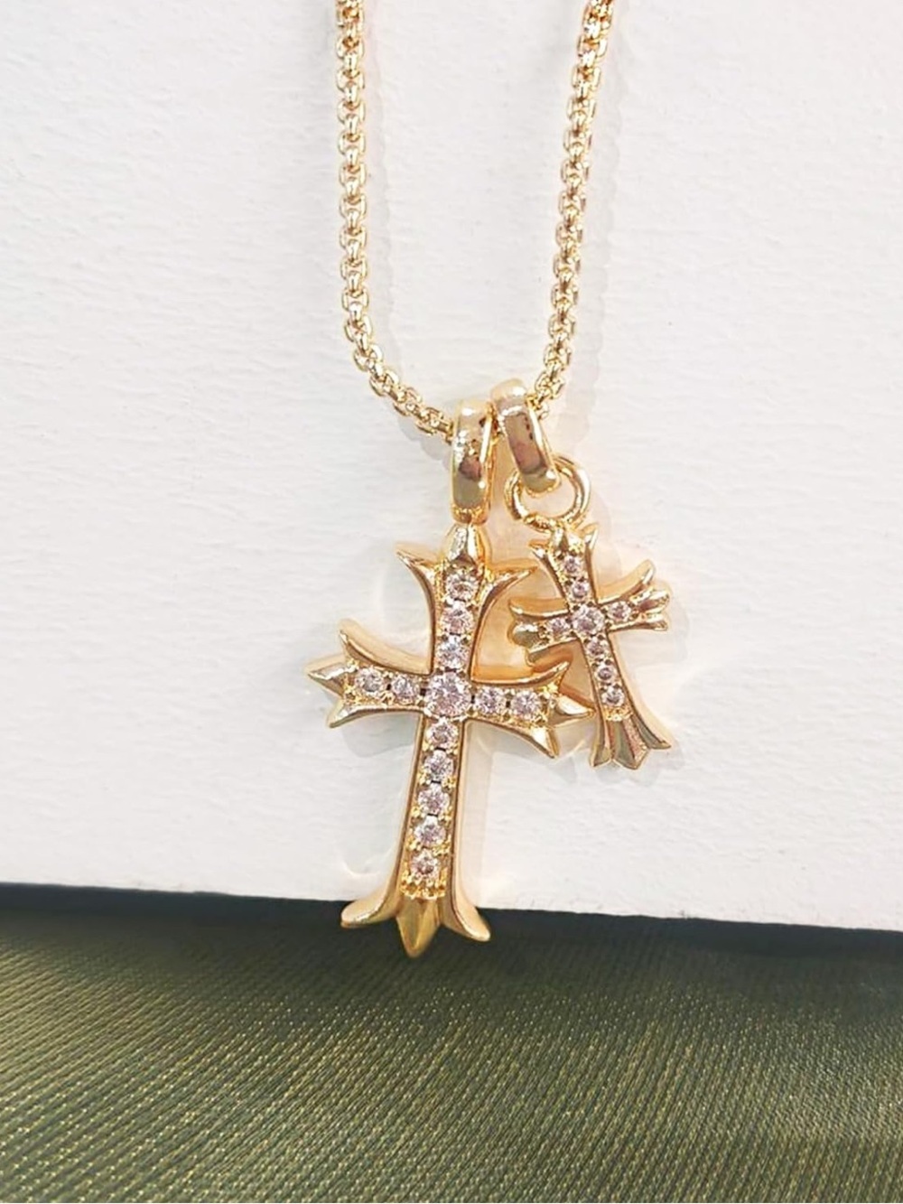 Anthropologie Gold-Tone Double Cross Pendant Necklace with Clear Stones